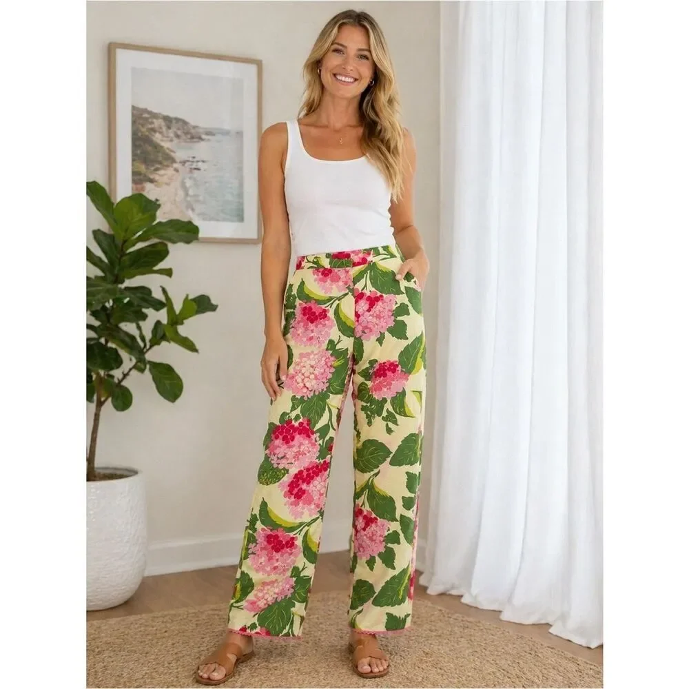 Helen Wang NY Floral Hydrangea Pants Cotton Size 4 Resort Coastal
